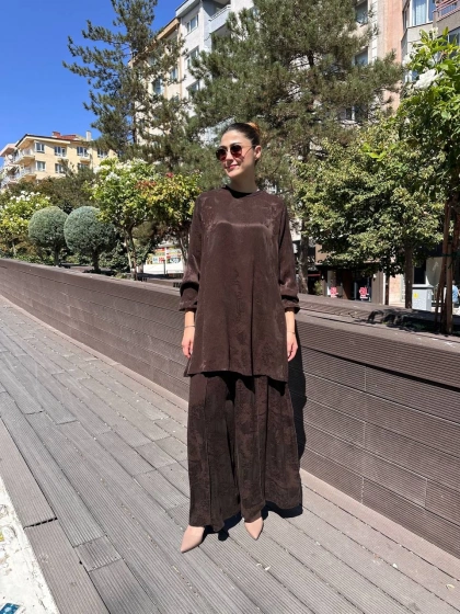 Misswhence 38010 Kahverengi Cupro Jakar Tunik Takım