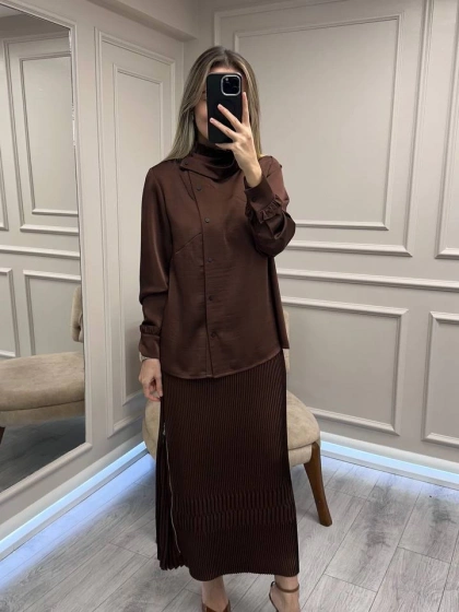 Misswhence 38015 Kahverengi Saten Etekli Takım