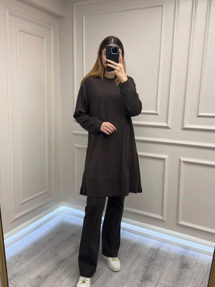 Misswhence 38020 Kahve Yanları Fermuar Detaylı Tunik