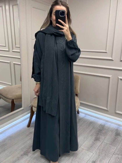 Misswhence 38514 Petrol Yeşili Nakış Detaylı Şallı Ferace