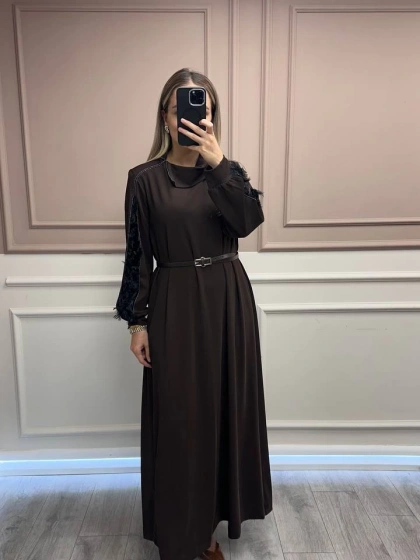 Misswhence 38800 Kahverengi Kadife Detaylı Elbise