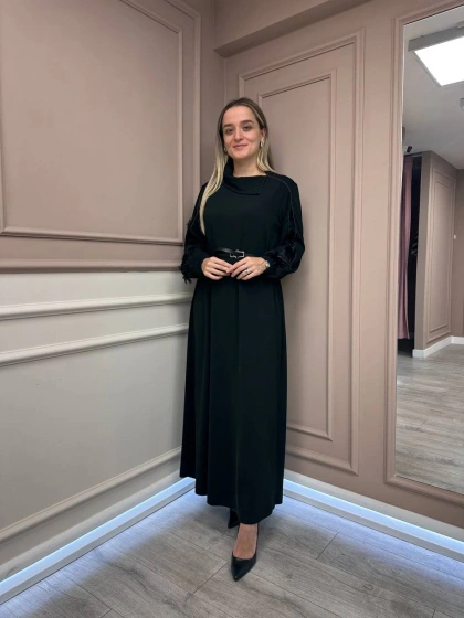 Misswhence 38800 Siyah Kadife Detaylı Elbise