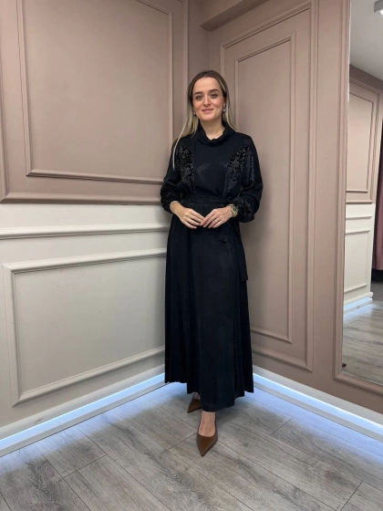 Misswhence 38801 Siyah Jakarlı Cupro Elbise