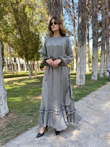 Misswhence 38806 Gri Cupro Dantel Detaylı Elbise