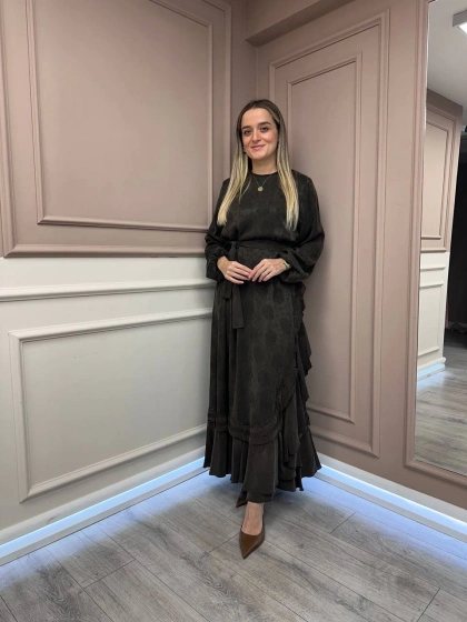 Misswhence 38806 Kahverengi Cupro Dantel Detaylı Elbise