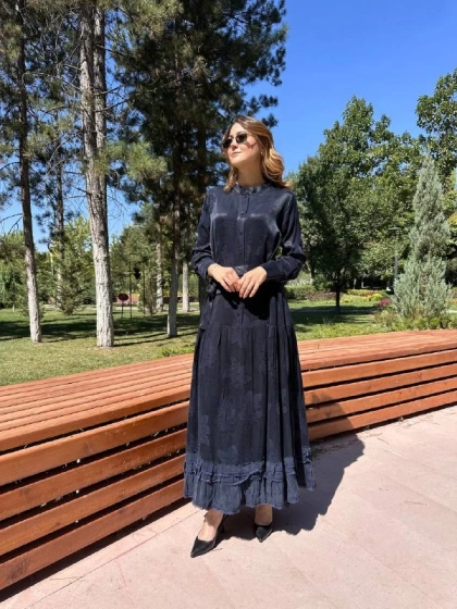 Misswhence 38809 Lacivert Jakarlı Cupro Elbise