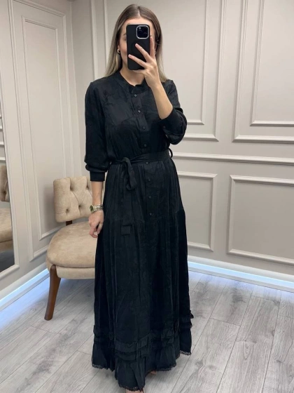 Misswhence 38809 Siyah Jakarlı Cupro Elbise