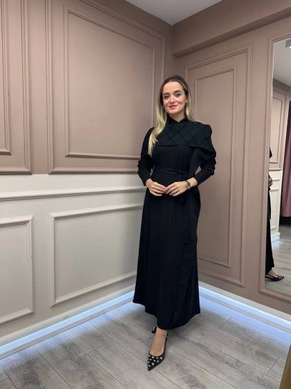 Misswhence 38816 Siyah Bakla Desen Elbise