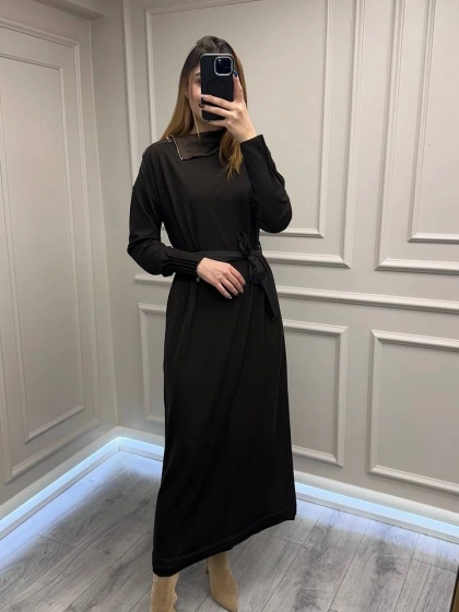 Misswhence 38822 Kahverengi Fermuar Detaylı Elbise