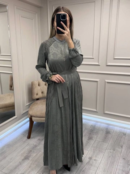 Misswhence 38835 Gri Fermuar Detaylı Cupro Elbise