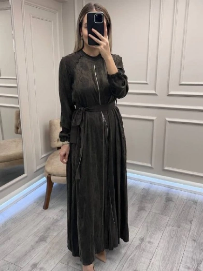 Misswhence 38835 Kahve Fermuar Detaylı Cupro Elbise