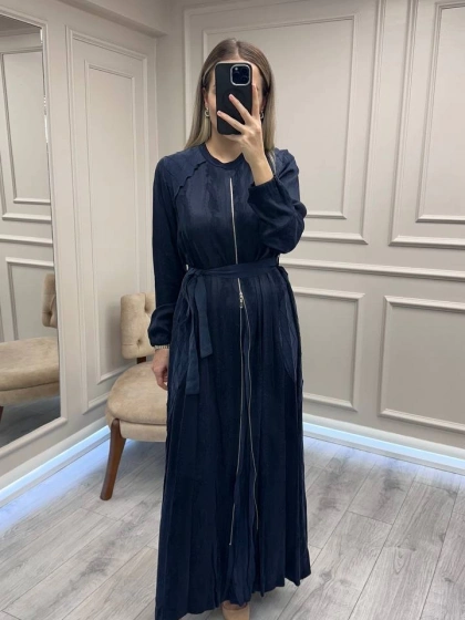 Misswhence 38835 Lacivert Fermuar Detaylı Cupro Elbise