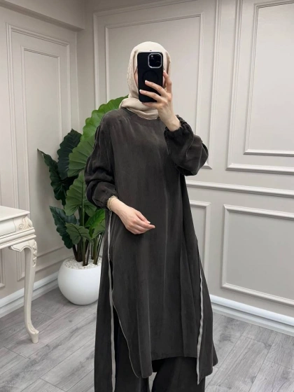 Misswhence 39031 Kahverengi Fermuar Detaylı Tunik