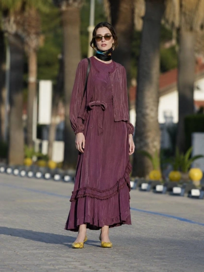 Misswhence 39815 Bordo Yelekli Etek Ucu Detaylı Elbise