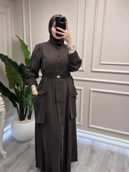 Misswhence 39828 Kahve Kemerli Cep Detaylı Elbise