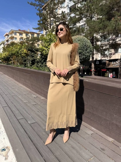 Misswhence MİSS 268 Camel Kürk Detaylı Triko Takım