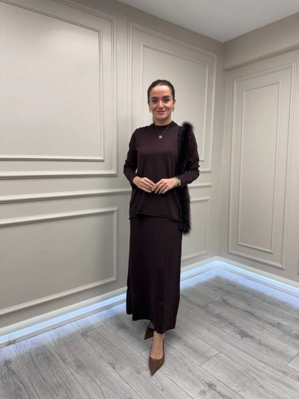 Misswhence MİSS 268 Kahverengi Kürk Detaylı Triko Takım
