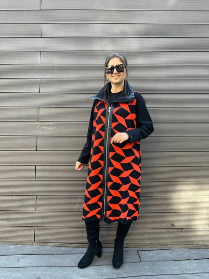 Misswhence MİSS217 Nar Çiçeği Deri Detaylı Triko Kap