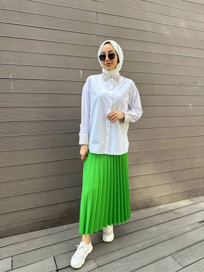 MY312 24S8199 Beyaz Manşet Ve Yaka Taşlı Gömlek