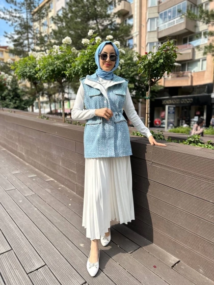 MY312 24S9101 Mavi Cepli Denim Yelek