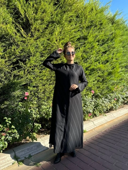 Ncl 23547 Siyah Çizgi Detaylı Fermuarlı Ferace