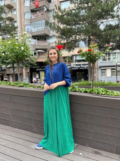 Noi 53260 Sax Kendinden Kraşlı İki Renk Elbise