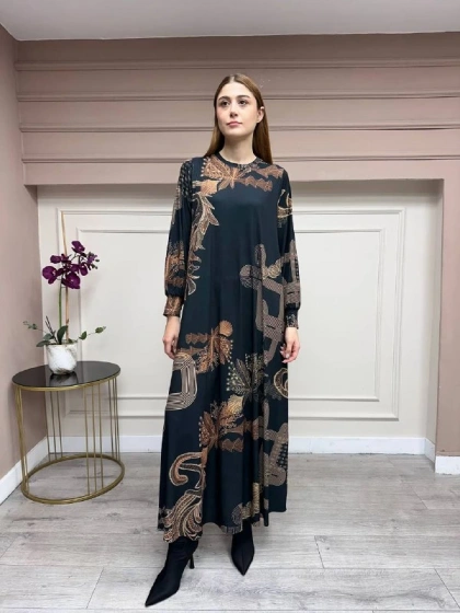 Noi 74226 Siyah Jarse Çiçek Desenli Elbise