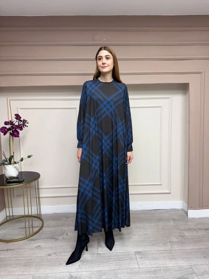 Noi 74232 Kahverengi Jarse Verev Ekose Desenli Elbise