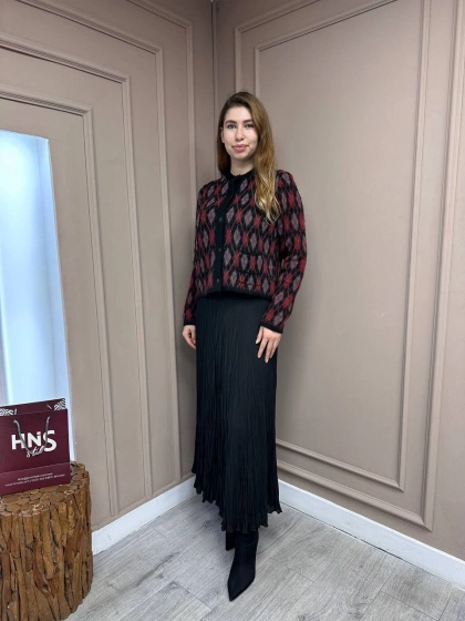 Noi 74716 Bordo Baklavalı Önden Düğmeli Hırka