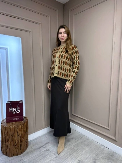 Noi 74716 Camel Baklavalı Önden Düğmeli Hırka