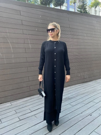 Nuss Triko 25K1110 Siyah Fitilli Uzun Triko Hırka