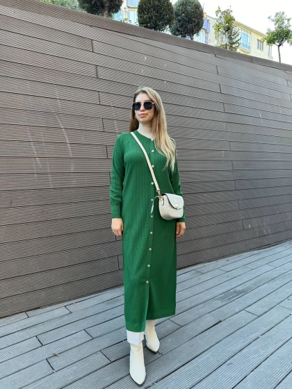 Nuss Triko 25K1110 Yeşil Fitilli Uzun Triko Hırka