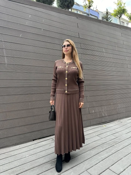 Nuss Triko 25K1315 Kahve Düğmeli Etekli Takım