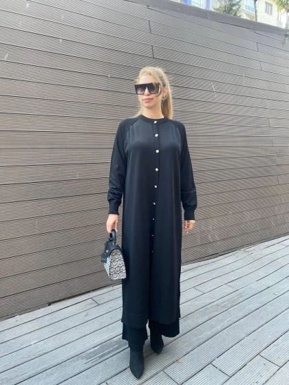 Nuss Triko 25K512 Siyah Düğmeli Uzun Triko Hırka