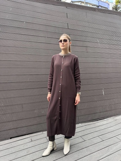 Nuss Triko 25K1110 Kahve Fitilli Uzun Triko Hırka