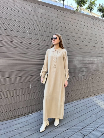 Nuss Triko 25K2006 Bej Çıtçıt Detaylı Elbise