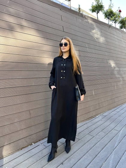 Nuss Triko 25K2006 Siyah Çıtçıt Detaylı Elbise