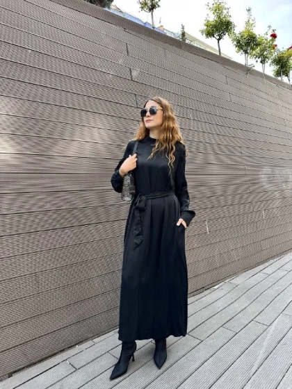 Nuss Triko 25K2007 Siyah Omuz Detaylı Elbise