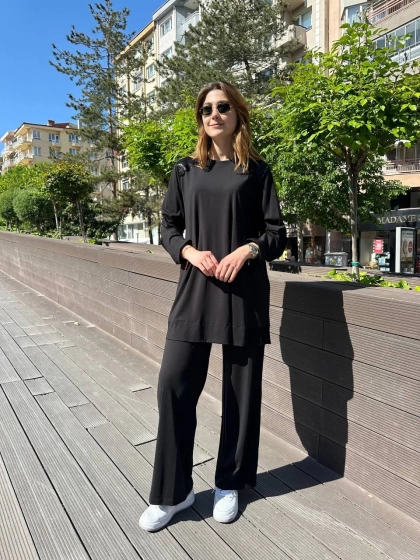 Nuss Triko 25Y1038 Siyah Omuz Detaylı İkili Takım