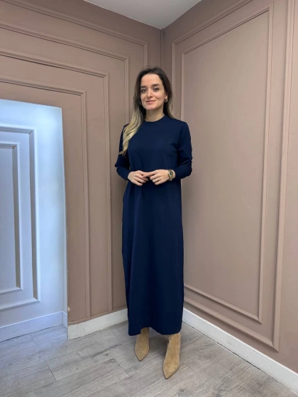 Nuss Triko 25Y1420 Lacivert Fitil Detaylı Triko Elbise