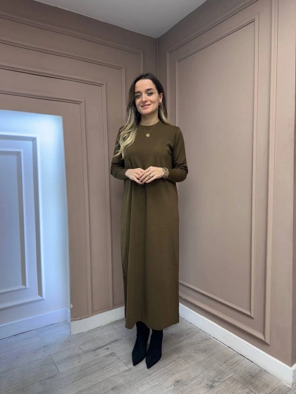 Nuss Triko 25Y1420 Sütlü Kahve Fitil Detaylı Triko Elbise