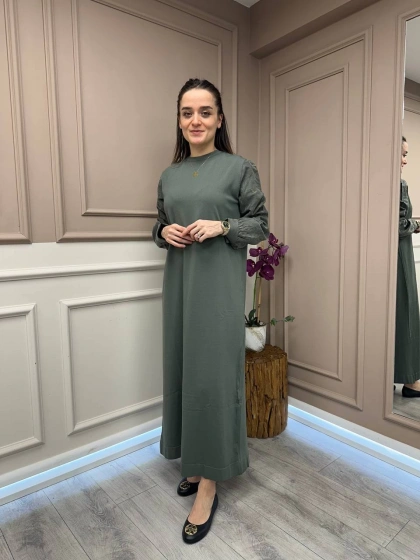 Nuss Triko 25Y2062 Haki Kol Detaylı Triko Elbise