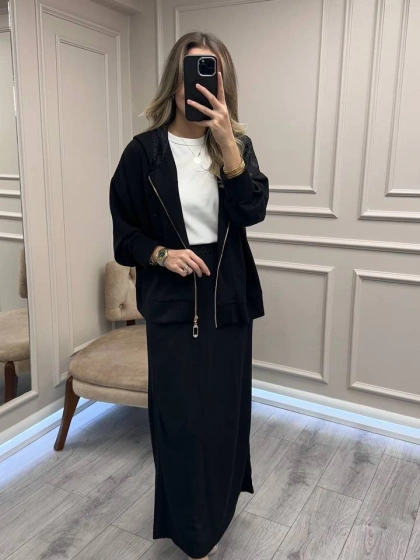 Nuss Triko 26K1038 Siyah Sırt Ve Etek Yanı Detaylı Etekli Takım