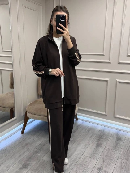 Nuss Triko 26K1039 Kahve Yanları Şerit Detaylı Takım