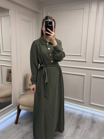 Nuss Triko 26K2007 Haki Önü Düğme Detaylı Elbise