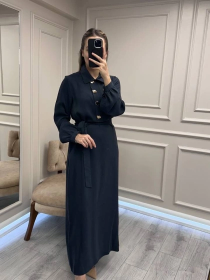 Nuss Triko 26K2007 Lacivert Önü Düğme Detaylı Elbise