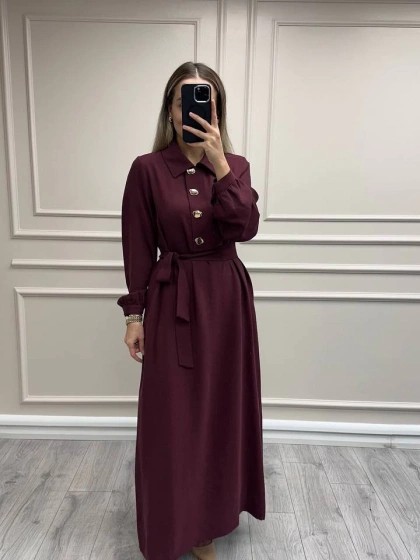 Nuss Triko 26K2007 Mürdüm Önü Düğme Detaylı Elbise