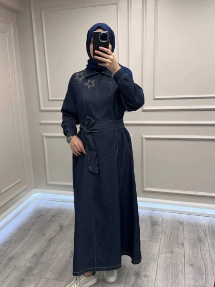 Nuss Triko 26K2009 Lacivert Yaka Detaylı Kot Elbise