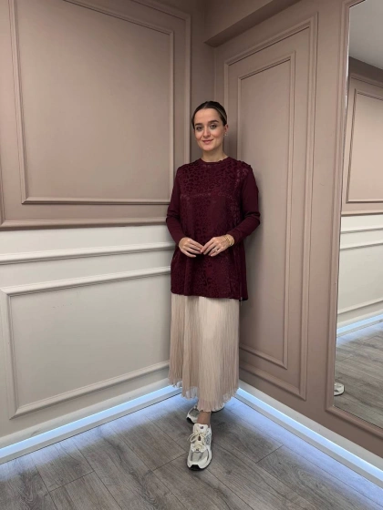 Nuss Triko 26K3002 Bordo Önü Leopar Desen Arkası Triko Tunik