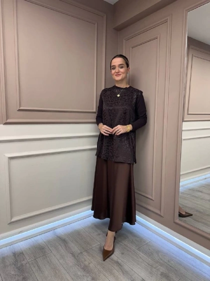 Nuss Triko 26K3002 Kahve Önü Leopar Desen Arkası Triko Tunik
